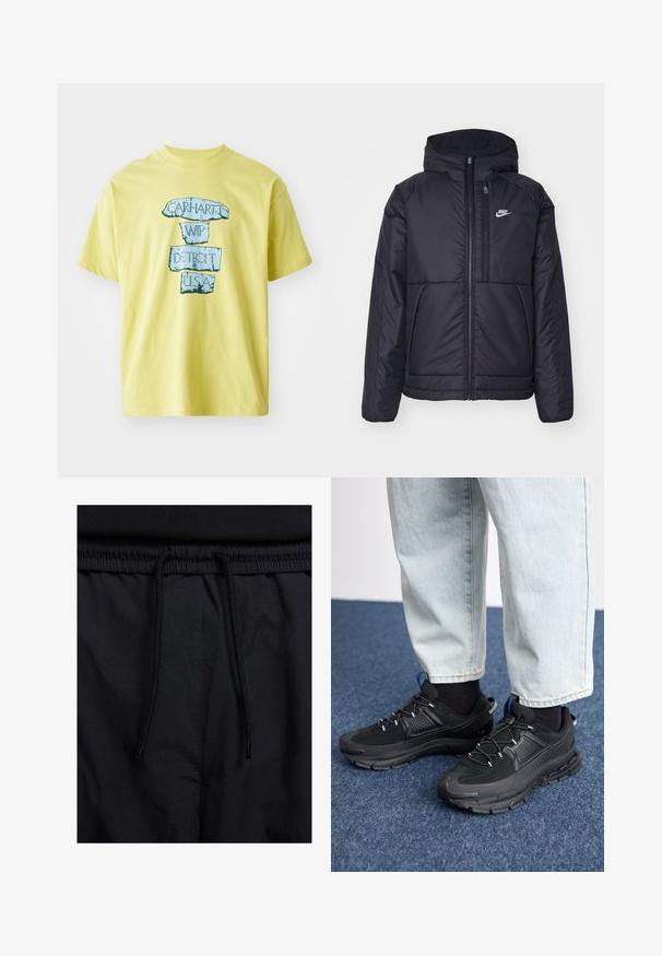 Jachetă Nike neagră, căptușită, cu fermoar pe față și glugă. Prezintă un logo alb pe pieptul stâng și două buzunare frontale. Textură exterioară netedă.; Tricou galben din bumbac, cu un design grafic albastru ce prezintă textul "CARHARTT WIP DETROIT U.S.A." într-un font îndrăzneț, uzat. Guler rotund, mâneci scurte.; Șorturi negre cu un brâu reglabil, dintr-un material ușor cu o textură netedă și un design simplu, fără logo-uri sau modele vizibile.; Pantofi sport negri, cu țesătură texturată și tălpi din cauciuc, având șireturi elastice și un accent albastru pe toc. Purtați cu pantaloni din denim deschis.