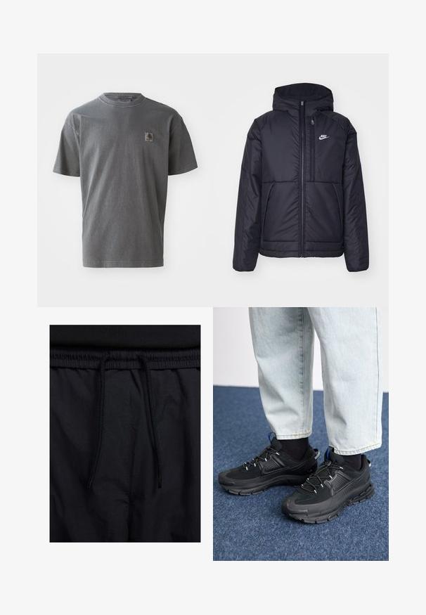 Melna, pufota Nike jaka ar priekšējo rāvējslēdzēju un kapuci. Iezīmēta ar baltu logotipu uz kreisās krūtis un divām priekšējām kabatām. Gluda ārējā tekstūra.; Pelēks kokvilnas T-krekls ar īsām piedurknēm, ar nelielu logotipa uzlīmi uz krūtīm, ar apaļu kakla izgriezumu un brīvu piegriezumu.; Melni šorti ar sašūtu jostu, viegls audums ar gludu tekstūru un vienkāršs dizains bez redzamiem logotipiem vai paraugiem.; Melni sporta apavi ar strukturētu audumu un gumijas zoli, ar elastīgām auklām un zilu akcentu uz papēža. Nēsāti ar gaišām džinsu biksēm.