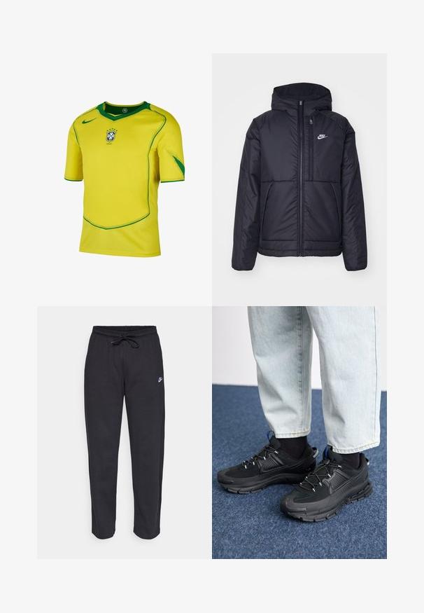 Czarna, pikowana kurtka Nike z przednim zamkiem błyskawicznym i kapturem. Posiada białe logo po lewej stronie klatki piersiowej oraz podwójne kieszenie z przodu. Gładka struktura zewnętrzna.; Żółta koszulka piłkarska z krótkim rękawem i zielonymi akcentami, z logo narodowej drużyny Brazylii na piersi oraz okrągłym dekoltem.; Czarne dresy wykonane z miękkiego materiału, z elastycznym pasem, sznurkiem do ściągania i małym logo Nike na lewej udzie.; Czarne buty sportowe z teksturowanej tkaniny i gumowymi podeszwami, z elastycznymi sznurówkami i niebieskim akcentem na pięcie. Noszone z jasnymi dżinsami.