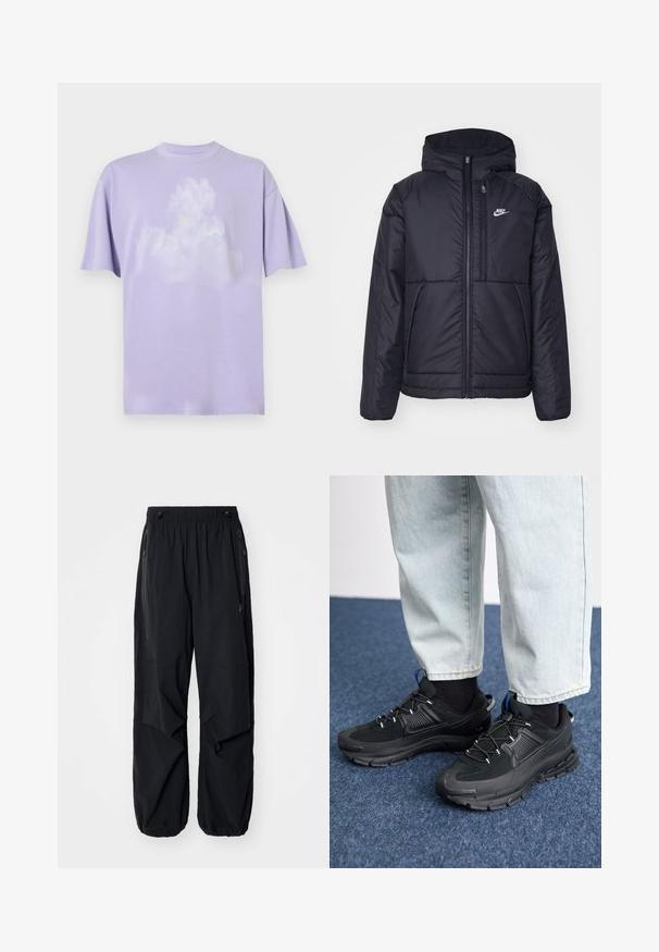 Melna, pufota Nike jaka ar priekšējo rāvējslēdzēju un kapuci. Iezīmēta ar baltu logotipu uz kreisās krūtis un divām priekšējām kabatām. Gluda ārējā tekstūra.; Lavandas kokvilnas t-krekls ar brīvu piegriezumu, kuram ir mākoņu dizains un mazs dzeltenais Nike logs uz krūšu daļas. Īsas piedurknes.; Melnas vieglas kravas bikses ar elastīgu jostu, sānu rāvējslēdzējiem un plašām kabatām. Izaicinājumu veido brīvi pieguļoša piegriezne un sašaurināti aproces.; Melni sporta apavi ar strukturētu audumu un gumijas zoli, ar elastīgām auklām un zilu akcentu uz papēža. Nēsāti ar gaišām džinsu biksēm.