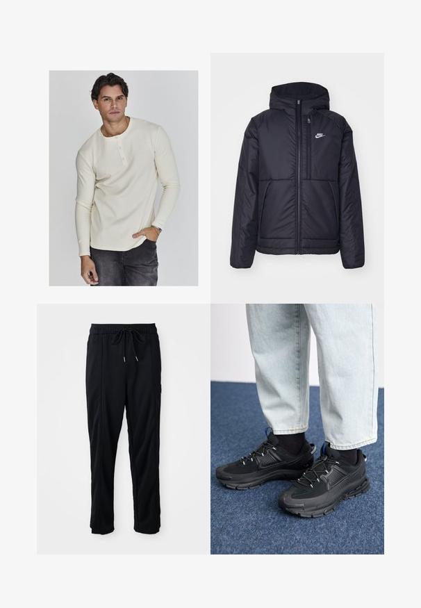 Černá zateplená bunda Nike s předním zipem a kapucí. Na levé straně hrudi má bílé logo a dvojité přední kapsy. Hladký povrch.; Krémová dlouhá rukávová ripová henley košile s kulatým výstřihem, třemi knoflíky a přiléhavými manžetami, kombinovaná s tmavými džíny.; Černé casual kalhoty se stahovací šňůrkou v pase, bočními kapsami a rovnými nohavicemi na jednobarevném pozadí.; Černé sportovní boty s texturovanou tkaninou a gumovou podrážkou, s elastickými tkaničkami a modrým akcentem na patě. Nosí se s světlými džíny.