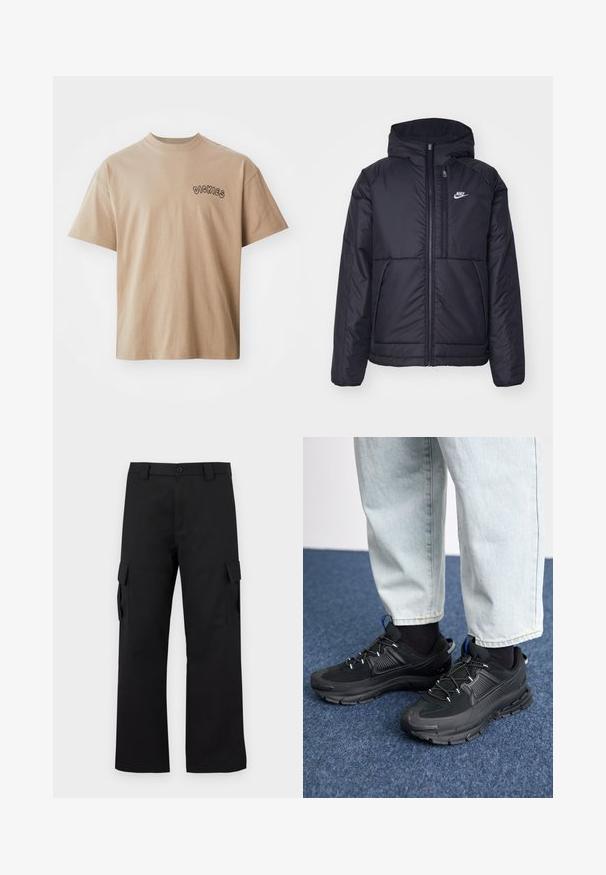 Črna, podložena Nike jakna z sprednjim zadrgo in kapuco. Ima bel logo na levem prsnem delu in dvojna sprednja žepa. Gladka zunanja tekstura.; Bež majica s kratkimi rokavi iz bombaža, z okroglim izrezom in logotipom "DICKIES" v okrogi črni pisavi na levem prsnem delu.; Črne cargo hlače s ravnim krojem. Narejene so iz trpežnega materiala in imajo dve stranski žepi s poklopcem ter gumbasto zaponko.; Črne športne čevlje z teksturirano tkanino in gumijastimi podplati, ki imajo elastične vezalke ter modre poudarke na peti. Nosi se z lahkimi denim hlačami.
