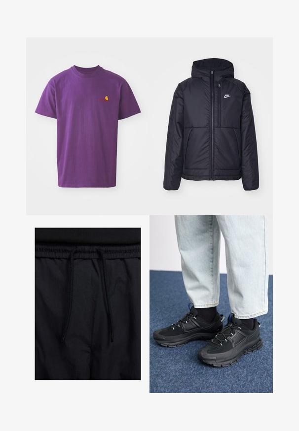 Giacca Nike nera, imbottita, con zip frontale e cappuccio. Presenta un logo bianco sul lato sinistro del petto e doppie tasche frontali. Texture esterna liscia.; Maglietta in cotone viola con scollatura a girocollo. Presenta un piccolo logo giallo e rosso sul lato sinistro del petto. Maniche corte, vestibilità standard.; Shorts neri con vita regolabile tramite coulisse, tessuto leggero con una texture liscia e un design semplice senza loghi o motivi visibili.; Scarpe sportive nere con tessuto testurizzato e suole in gomma, dotate di lacci elastici e un accento blu sul tallone. Indossate con pantaloni in denim chiaro.