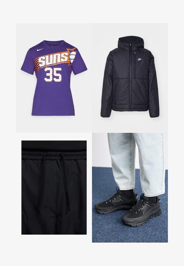 Zwarte, gewatteerde Nike-jas met een voorkant met ritssluiting en capuchon. Kenmerkt zich door een wit logo op de linkerborst en dubbele frontzakken. Gladde buitenkant.; Paarse Nike T-shirt met "Suns" in witte en oranje letters, nummer "35" in het wit met een geperforeerde textuur, en korte mouwen.; Zwarte shorts met een drawstring tailleband, lichtgewicht stof met een zachte textuur en een eenvoudig ontwerp zonder zichtbare logo's of patronen.; Zwarte sportschoenen met gestructureerde stof en rubberen zolen, met elastische veters en een blauwe accent op de hiel. Draag samen met lichte spijkerbroeken.