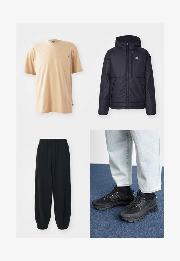 Črna, podložena Nike jakna z sprednjim zadrgo in kapuco. Ima bel logo na levem prsnem delu in dvojna sprednja žepa. Gladka zunanja tekstura.; Bež majica iz bombaža s kratkimi rokavi, okroglo ovratnikom in žepom na levem prsnem delu. Ima majhno oznako logotipa na žepu.; Črne, elastične hlače za prosti čas z ohlapnim krojem, manšetami na gležnjih, gladko teksturo in brez vidnih vzorcev ali dodatkov.; Črne športne čevlje z teksturirano tkanino in gumijastimi podplati, ki imajo elastične vezalke ter modre poudarke na peti. Nosi se z lahkimi denim hlačami.