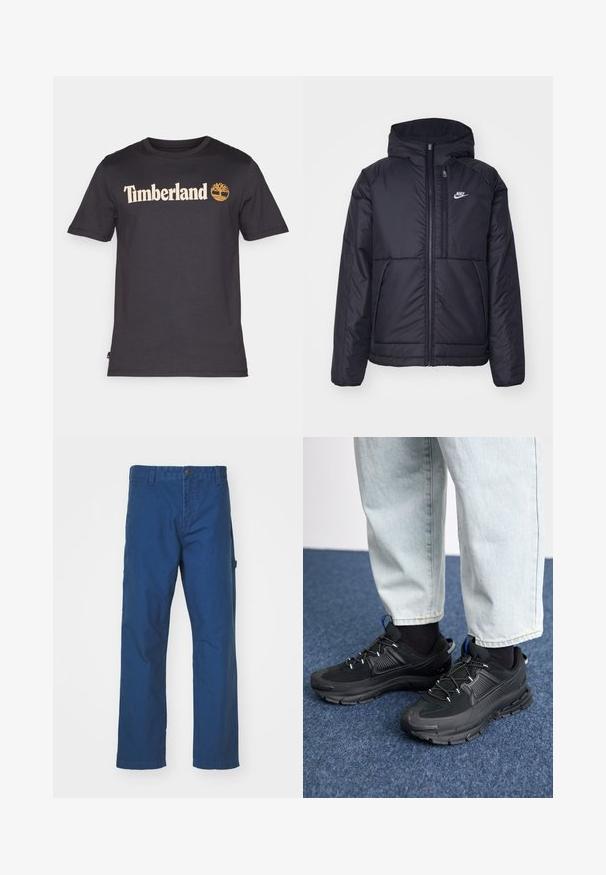 Juodas, paminkštintas Nike džemperis su priekyje užtrauktuku ir gobtuvu. Pasižymi balta logo kairėje krūtinės pusėje ir dviem priekinėmis kišenėmis. Su lygiu išoriniu paviršiumi.; Juodas medvilninis marškinėliai su kremine "Timberland" logotipo ir medžio simboliu priekyje. Trumpomis rankovėmis ir apvalia kaklo išpjova.; Mėlynos medvilnės twill kelnės su tiesiais kirpimo kojomis, kurios turi sagos uždarymą ir šonines kišenes. Lygi tekstūra, be matomų raštų ar akcentų.; Juodi sportiniai bateliai su tekstūruota medžiaga ir guminiais padais, su elastingomis raišteliais ir mėlynu akcentu ant kulno. Dėvimi su šviesiai mėlynomis džinsinėmis kelnėmis.