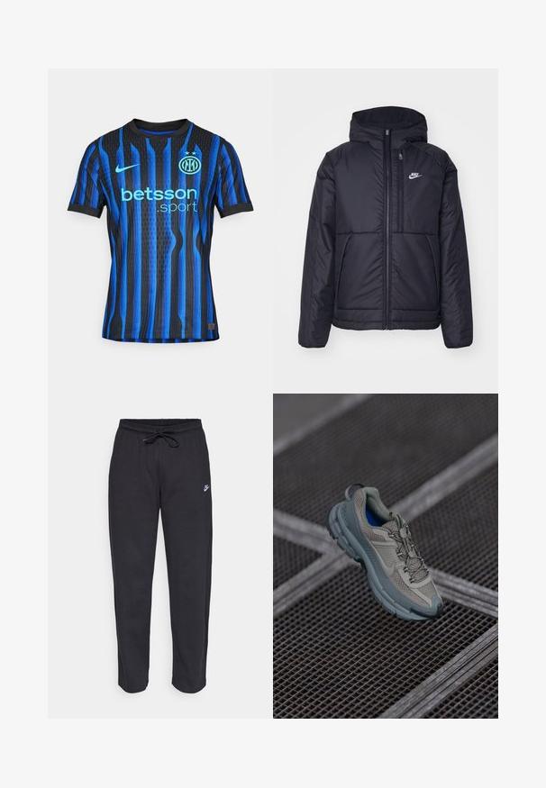 Giacca Nike nera, imbottita, con zip frontale e cappuccio. Presenta un logo bianco sul lato sinistro del petto e doppie tasche frontali. Texture esterna liscia.; Jersey a maniche corte blu e nere a righe con tessuto traspirante, che presenta un logo, un testo di sponsorizzazione e due stelle sopra l'emblema.; Pantaloni della tuta neri realizzati in tessuto morbido con vita elastica, coulisse e un piccolo logo Nike sulla coscia sinistra.; Scarpe sportive beige e grigie con tomaia in mesh testurizzato, punta arrotondata e suola in gomma, dotate di lacci e colletto imbottito.