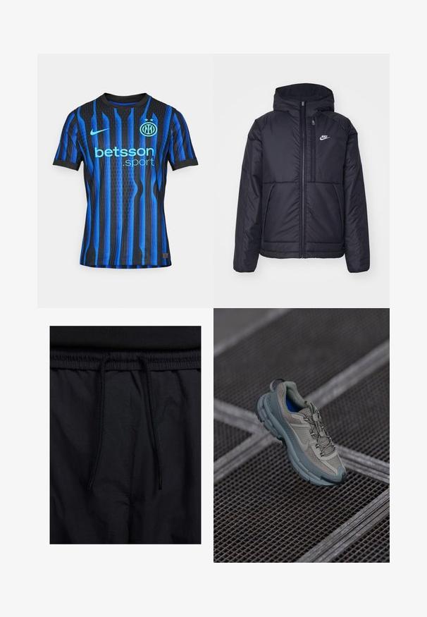 Melna, pufota Nike jaka ar priekšējo rāvējslēdzēju un kapuci. Iezīmēta ar baltu logotipu uz kreisās krūtis un divām priekšējām kabatām. Gluda ārējā tekstūra.; Zila un melna svītrota īsa piedurkne džersija ar elpojošu audumu, kurai ir logo, sponsorēšanas teksts un divas zvaigznes virs emblēmas.; Melni šorti ar sašūtu jostu, viegls audums ar gludu tekstūru un vienkāršs dizains bez redzamiem logotipiem vai paraugiem.; Bežīgas un pelēkas sporta kurpes ar teksturētu sieta augšdaļu, noapaļotu purngalu un gumijas zoli, satur šņores un mīkstinātu apkakli.