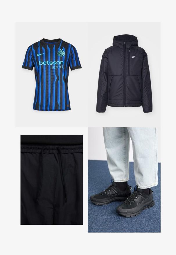 Veste Nike noire rembourrée avec une fermeture éclair sur le devant et une capuche. Elle présente un logo blanc sur la poitrine gauche et deux poches avant. Texture extérieure lisse.; Maillot à manches courtes rayé bleu et noir en tissu respirant, comportant un logo, un texte de parrainage et deux étoiles au-dessus de l'emblème.; Shorts noirs avec un élastique à cordon de serrage, en tissu léger avec une texture lisse, et un design simple sans logos ni motifs visibles.; Des chaussures de sport noires avec un tissu texturé et des semelles en caoutchouc, dotées de lacets élastiques et d'un accent bleu au talon. Portées avec un pantalon en denim clair.