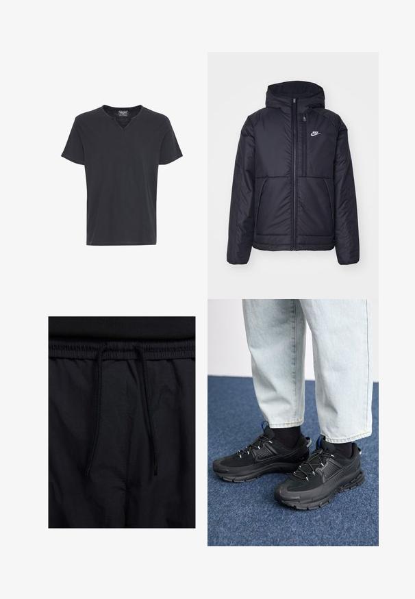Černá zateplená bunda Nike s předním zipem a kapucí. Na levé straně hrudi má bílé logo a dvojité přední kapsy. Hladký povrch.; Pánské tmavě šedé tričko s krátkým rukávem a výstřihem do V. Vyrobené z měkkého materiálu s volným střihem a kontrastním prošíváním podél výstřihu a rukávů.; Černé šortky s páskem na šňůrku, lehký materiál s hladkou texturou a jednoduchý design bez viditelných log nebo vzorů.; Černé sportovní boty s texturovanou tkaninou a gumovou podrážkou, s elastickými tkaničkami a modrým akcentem na patě. Nosí se s světlými džíny.