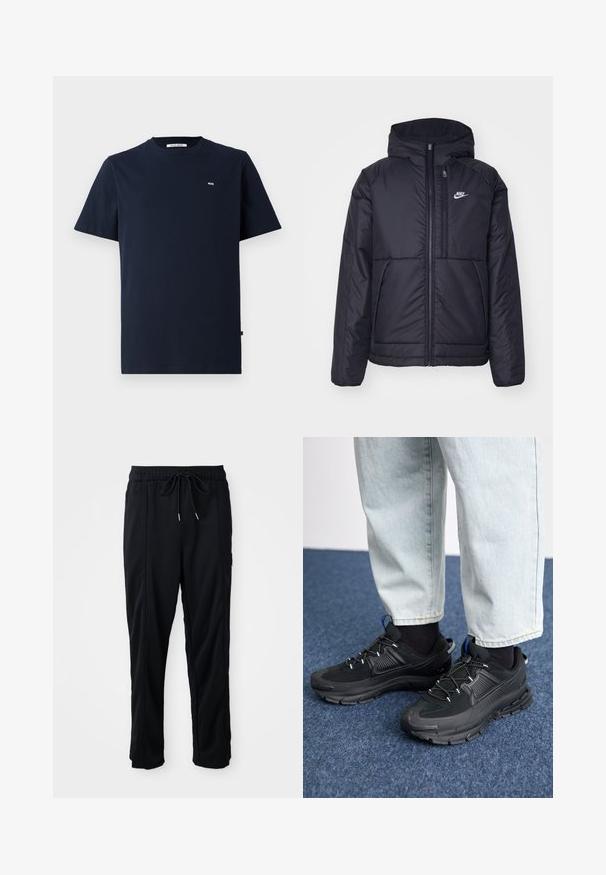 Casaco Nike preto, acolchoado, com fecho à frente e capuz. Apresenta um logo branco no lado esquerdo do peito e dois bolsos frontais. Textura exterior lisa.; T-shirt de algodão azul marinho com mangas curtas, gola redonda, discreto logotipo "WW" no peito e bainha reta. Textura suave, design casual.; Calças casuais pretas com cordão na cintura, com bolsos laterais e corte reto, sobre um fundo simples.; Sapatilhas desportivas pretas com tecido texturizado e solas em borracha, apresentando atacadores elásticos e um detalhe azul no calcanhar. Usadas com calças de ganga claras.