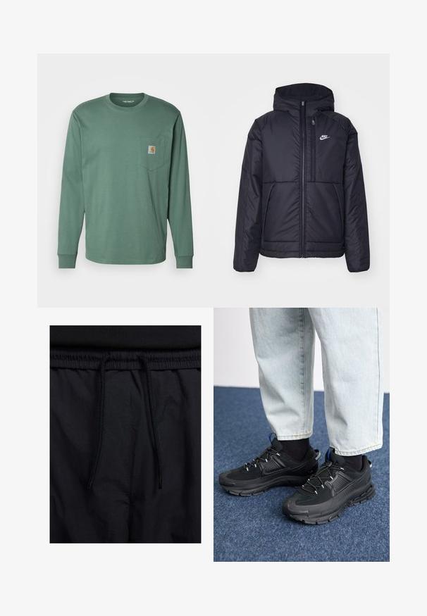 Fekete, párnázott Nike dzseki elülső cipzárral és kapucnival. A bal mellen fehér logó található, valamint két elülső zseb. Simának tűnő külső felület.; Carhartt WIP POCKET - Hosszú ujjú felső - duck green; Fekete rövidnadrág, húzózsinórral ellátott derékrésszel, könnyű anyagból, sima felszínen, egyszerű dizájnnal, látható logók vagy minták nélkül.; Fekete sportcipők texturált anyaggal és gumitalppal, elasztikus fűzőkkel és kék kiegészítővel a saroknál. Világos farmernadrággal viselve.