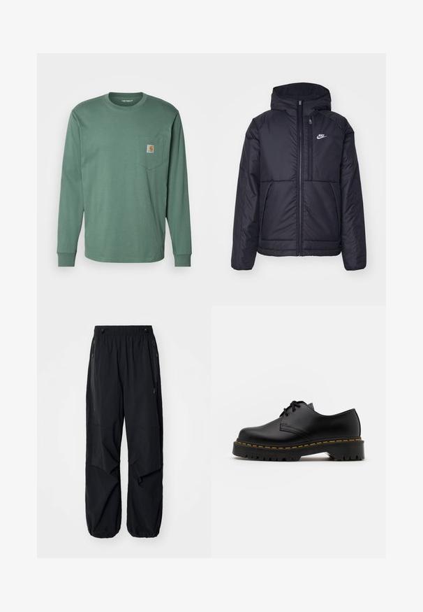 Crna Nike jakna s podstavom, dugmadi sprijeda i kapuljačom. Ima bijeli logotip na lijevoj strani prsnog koša i dva prednja džepa. Glatka vanjska tekstura.; Carhartt WIP POCKET - Top dugih rukava - duck green; Crne lagane cargo hlače s elastičnom trakom u struku, bočnim patentnim zatvaračima i prostranim džepovima. Odlikuje ih širok kroj i suženi manžeti.; Crne kožne cipele sa vezanjem, okruglog vrha, sa teksturiranom gumom potplatom i žutim šavom oko baze. Ravni dizajn i glatka završna obrada.
