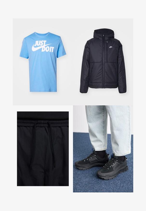 Juodas, paminkštintas Nike džemperis su priekyje užtrauktuku ir gobtuvu. Pasižymi balta logo kairėje krūtinės pusėje ir dviem priekinėmis kišenėmis. Su lygiu išoriniu paviršiumi.; Mėlynas medvilninis marškinėlis su apvalia iškirpte ir trumpomis rankovėmis, su dideliu baltu užrašu "JUST DO IT" ir ryškiai matomu Nike logotipu.; Juodos šortai su raišteliu juosmens srityje, lengva medžiaga su lygiu paviršiumi ir paprastas dizainas be matomų logotipų ar raštų.; Juodi sportiniai bateliai su tekstūruota medžiaga ir guminiais padais, su elastingomis raišteliais ir mėlynu akcentu ant kulno. Dėvimi su šviesiai mėlynomis džinsinėmis kelnėmis.