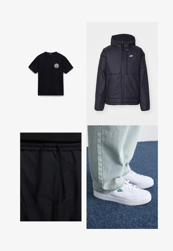 Black, padded Nike jacket with a front zipper and hood. Features a white logo on the left chest and dual front pockets. Smooth exterior texture.; Black cotton t-shirt with short sleeves, round neck, and a white circular logo on the left chest area. Smooth texture, casual design.; Black shorts featuring a drawstring waistband, lightweight fabric with a smooth texture, and a simple design without visible logos or patterns.; White leather sneakers with green Nike logo, round toe, flat sole, paired with light blue denim pants, shown on a blue carpet.