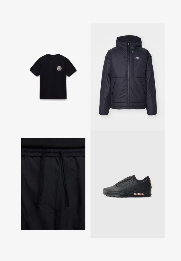 Giacca Nike nera, imbottita, con zip frontale e cappuccio. Presenta un logo bianco sul lato sinistro del petto e doppie tasche frontali. Texture esterna liscia.; T-shirt nera in cotone con maniche corte, collo rotondo e un logo circolare bianco sulla parte sinistra del petto. Texture morbida, design casual.; Shorts neri con vita regolabile tramite coulisse, tessuto leggero con una texture liscia e un design semplice senza loghi o motivi visibili.; Nike Air Max 90 sneakers con parte superiore in sintetico nero, finitura testurizzata, chiusura con lacci, unità air visibile e logo con accento arancione.