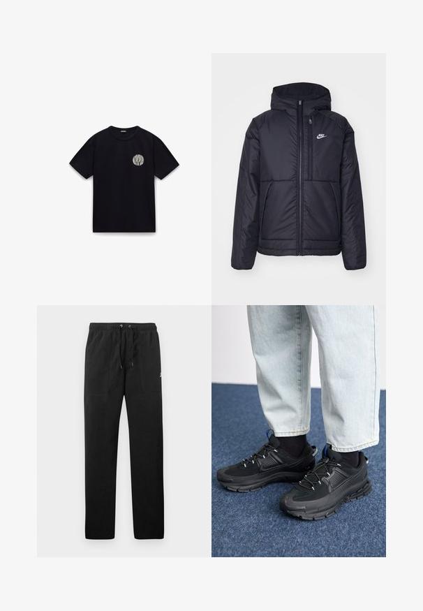 Black, padded Nike jacket with a front zipper and hood. Features a white logo on the left chest and dual front pockets. Smooth exterior texture.; Black cotton t-shirt with short sleeves, round neck, and a white circular logo on the left chest area. Smooth texture, casual design.; Black sweatpants made of fleece, featuring an elastic waistband with drawstrings, two front pockets, and a small logo on the thigh.; Black athletic shoes with textured fabric and rubber soles, featuring elastic laces and a blue accent on the heel. Worn with light denim pants.