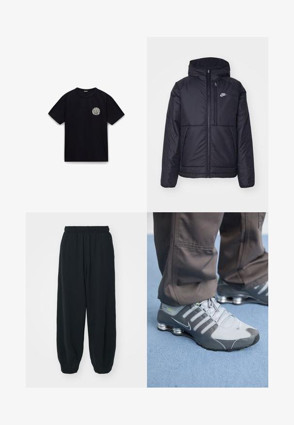 Musta, pehmustettu Nike-takki, jossa on etuvetoketju ja huppu. Vasemmassa rinnassa on valkoinen logo ja takissa on kaksinkertaiset etutaskut. Pintakoe on sileä.; Musta puuvillapaita, jossa on lyhyet hihat, pyöreä kaula-aukko ja valkoinen pyöreä logo vasemmassa rinnassa. Sileä pinta, rento muotoilu.; Mustat, elastisella vyötäröllä varustetut collegehousut, joissa on löysä istuvuus, cuffattu lahje, sileä pinta ja ilman näkyviä kuvioita tai varusteita.; Harmaat ja hopeiset Nike Shox -tennarit ovat tyylikkään muotoilun omaavia, joissa on verkko- ja synteettisiä materiaaleja, pyöreä kärki ja pehmustettu nilkkareunus.