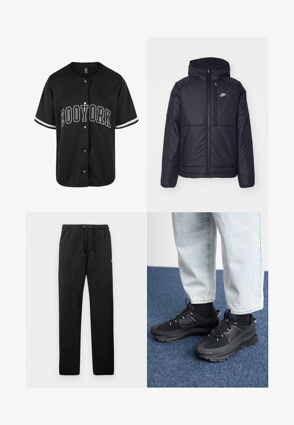 Juodas, paminkštintas Nike džemperis su priekyje užtrauktuku ir gobtuvu. Pasižymi balta logo kairėje krūtinės pusėje ir dviem priekinėmis kišenėmis. Su lygiu išoriniu paviršiumi.; Juoda trumpa rankovė džemperis su mygtukų užsegimu, "ZOOYORK" išspausdinta didelėmis baltomis raidėmis, su kontrastingomis baltomis juostelėmis ant rankovių.; Juodos vilnonės kelnės su elastiniu juosmeniu ir raišteliais, dviem priekinėmis kišenėmis ir maža slogo ant šlaunies.; Juodi sportiniai bateliai su tekstūruota medžiaga ir guminiais padais, su elastingomis raišteliais ir mėlynu akcentu ant kulno. Dėvimi su šviesiai mėlynomis džinsinėmis kelnėmis.