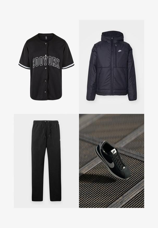 Schwarze, gepolsterte Nike-Jacke mit Frontreißverschluss und Kapuze. Hat ein weißes Logo auf der linken Brust und zwei Fronttaschen. Glattes äußeres Material.; Schwarzes kurzärmliges Trikot mit Knopfverschluss, "ZOOYORK" in fetten weißen Buchstaben gedruckt, mit kontrastierenden weißen Streifen an den Ärmeln.; Schwarze Sweatpants aus Fleece, mit einem elastischen Bund mit Kordelzug, zwei Fronttaschen und einem kleinen Logo auf dem Oberschenkel.; Schwarzer Nike-Sneaker mit grauen Akzenten, aus Wildleder und Mesh-Materialien, strukturierten Sohlen, schmaler Form und klassischem Schnürdesign.