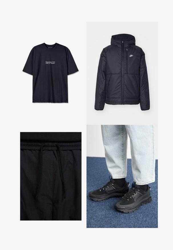 Black, padded Nike jacket with a front zipper and hood. Features a white logo on the left chest and dual front pockets. Smooth exterior texture.; Black cotton t-shirt with a crew neck, featuring a white printed logo "Pescador Club" and "Scent of Summer" on the front. Short sleeves.; Black shorts featuring a drawstring waistband, lightweight fabric with a smooth texture, and a simple design without visible logos or patterns.; Black athletic shoes with textured fabric and rubber soles, featuring elastic laces and a blue accent on the heel. Worn with light denim pants.