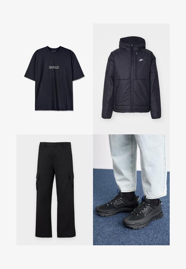 Casaco Nike preto, acolchoado, com fecho à frente e capuz. Apresenta um logo branco no lado esquerdo do peito e dois bolsos frontais. Textura exterior lisa.; T-shirt de algodão preto com decote redondo, apresentando um logótipo impresso a branco "Pescador Club" e "Scent of Summer" na frente. Mangas curtas.; Calças cargo pretas com um design de perna reta. Feitas de um tecido durável, apresentam dois bolsos laterais com fechos de aba e um fecho de botão.; Sapatilhas desportivas pretas com tecido texturizado e solas em borracha, apresentando atacadores elásticos e um detalhe azul no calcanhar. Usadas com calças de ganga claras.