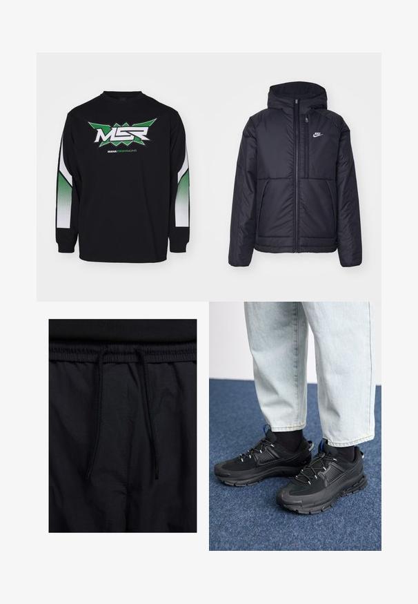 Black, padded Nike jacket with a front zipper and hood. Features a white logo on the left chest and dual front pockets. Smooth exterior texture.; Black long-sleeve shirt featuring a central green and white logo, with contrasting green and white dotted accents on the sleeves.; Black shorts featuring a drawstring waistband, lightweight fabric with a smooth texture, and a simple design without visible logos or patterns.; Black athletic shoes with textured fabric and rubber soles, featuring elastic laces and a blue accent on the heel. Worn with light denim pants.