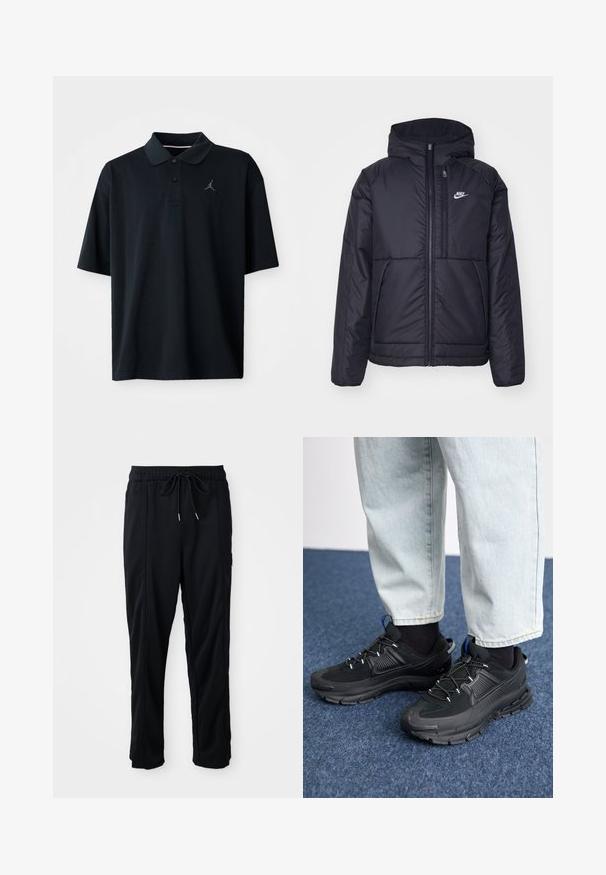 Svart, vadderad Nike-jacka med dragkedja framtill och huva. Har en vit logotyp på vänster bröst och dubbla framfickor. Slät yttextur.; Svart polo t-shirt i slät väv, med krage, korta ärmar och en liten grå Jordan-logotyp broderad på vänster bröst.; Svarta byxor med dragsko i midjan, avslappnad stil, med sidfickor och rak benklippning på en plain bakgrund.; Svarta sportskor med texturerat tyg och gummisulor, med elastiska snörningar och en blå detalj på hälen. Bärs med ljusa jeans.