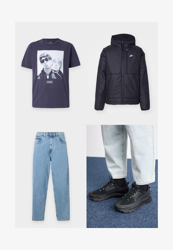 Musta, pehmustettu Nike-takki, jossa on etuvetoketju ja huppu. Vasemmassa rinnassa on valkoinen logo ja takissa on kaksinkertaiset etutaskut. Pintakoe on sileä.; Laivansinis puuvillapaita, jossa on suuri graafinen painatus kahdesta miestä. Teksti "oasis" on keskitetty kuvan alle. Lyhythihainen, pyöreä pääntie.; Vaaleansiniset korkeavyötäröiset suorat farkut etutaskuilla, vyölenkeillä sekä nappi- ja vetoketjukiinnityksellä.; Mustat urheilukengät, joissa on teksturoitu kangas ja kumipohjat, elastiset nauhat ja sininen yksityiskohta kannassa. Yhdistetty vaaleisiin farkkuihin.