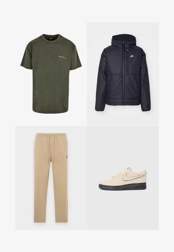 Musta, pehmustettu Nike-takki, jossa on etuvetoketju ja huppu. Vasemmassa rinnassa on valkoinen logo ja takissa on kaksinkertaiset etutaskut. Pintakoe on sileä.; Olivi vihreä puuvillainen t-paita lyhyillä hihoilla, pyöreällä kaula-aukolla ja hienovaraisella kuluneella pinnalla. Rintakehässä valkoinen "Urban Classics" -kirjonta.; Vaaleanruskeat collegehousut pehmeästä kankaasta, joissa on kiristysnauha vyötäröllä ja sivutaskut. Vasemmassa lahkeessa pieni musta logo.; Beige nubuck Nike Air Force 1 kenkä mustalla kumipohjalla, ommeltu yksityiskohta, rei'itetty varvas ja näkyvä swoosh-logo.