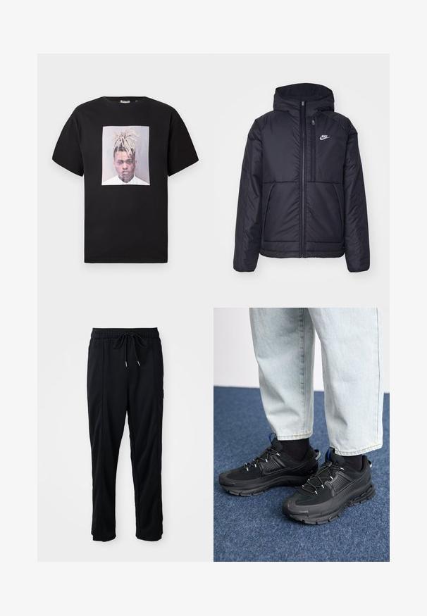 Fekete, párnázott Nike dzseki elülső cipzárral és kapucnival. A bal mellen fehér logó található, valamint két elülső zseb. Simának tűnő külső felület.; Fekete pamut póló kerek nyakkivágással, elülső nagy nyomtatott négyzet alakú keretben készült portréval. Rövid ujjú, laza szabású.; Fekete húzózsinóros, kényelmes nadrág oldalsó varrású zsebekkel és egyenes szabással, egyszínű háttéren.; Fekete sportcipők texturált anyaggal és gumitalppal, elasztikus fűzőkkel és kék kiegészítővel a saroknál. Világos farmernadrággal viselve.