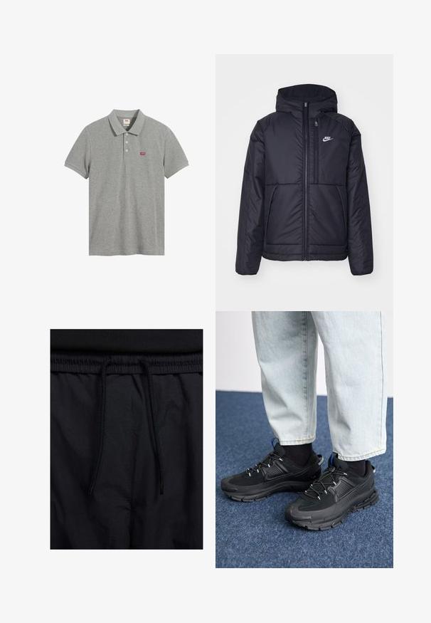 Čierna, polstrovaná bunda Nike so zipsom vpredu a kapucňou. Na ľavej strane hrude sa nachádza biele logo a sú tu dva predné vrecká. Hladký vonkajší povrch.; Šedá polokošeľa vyrobená z bavlny, s klasickým golierom, troma gombíkmi a červeným logom na ľavej strane hrudníka. Krátke rukávy s voľným strihom.; Čierne šortky s pásom na stiahnutie, z ľahkej látky s hladkou textúrou a jednoduchým dizajnom bez viditeľných log alebo vzorov.; Čierne športové topánky s textúrovanou tkaninou a gumovou podrážkou, so elastickými šnúrkami a modrým akcentom na päte. Nosia sa s svetlými riflami.