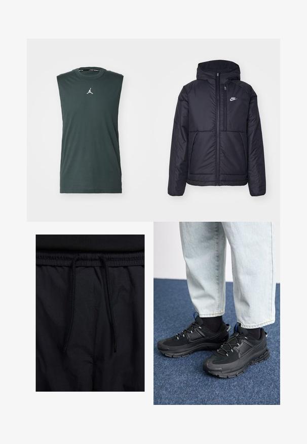 Crna Nike jakna s podstavom, dugmadi sprijeda i kapuljačom. Ima bijeli logotip na lijevoj strani prsnog koša i dva prednja džepa. Glatka vanjska tekstura.; Majica bez rukava tamnozelene boje od pamuka, s okruglim izrezom i bijelim Jordan logom na prsima.; Crne kratke hlače s pojasom na vezanje, lagani materijal s glatkom teksturom i jednostavan dizajn bez vidljivih logotipa ili uzoraka.; Crne atletske cipele s teksturiranom tkaninom i gumene potplate, s elastičnim vezicama i plavim akcentom na peti. Nosene su s svijetlim trapericama.