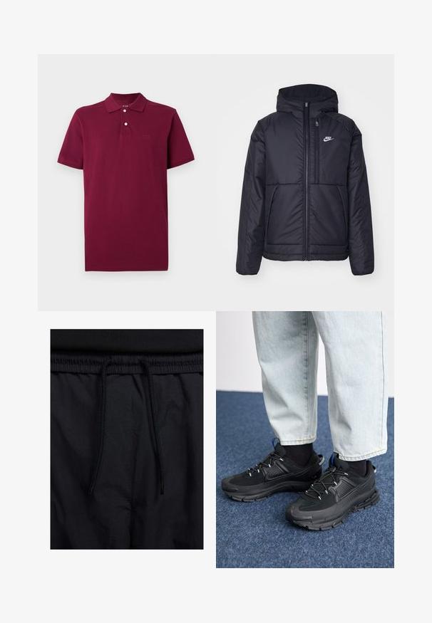 Musta, pehmustettu Nike-takki, jossa on etuvetoketju ja huppu. Vasemmassa rinnassa on valkoinen logo ja takissa on kaksinkertaiset etutaskut. Pintakoe on sileä.; T-paita burgundin värissä, valmistettu puuvillasta, jossa on kahden napin nappitus, lyhyet hihat ja kirjailtu logo rinnassa.; Mustat shortsit, joissa on naru vyötäröllä, kevyestä kankaasta valmistettu, sileä tekstuuri ja yksinkertainen muotoilu ilman näkyviä logoja tai kuvioita.; Mustat urheilukengät, joissa on teksturoitu kangas ja kumipohjat, elastiset nauhat ja sininen yksityiskohta kannassa. Yhdistetty vaaleisiin farkkuihin.