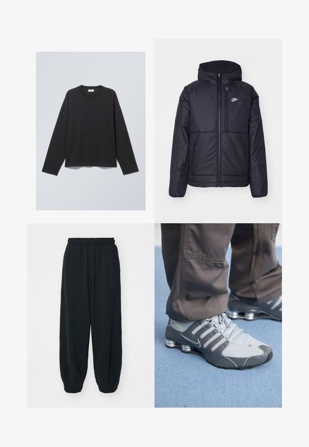 Μαύρο, επενδυμένο μπουφάν Nike με μπροστινό φερμουάρ και κουκούλα. Διαθέτει λευκό λογότυπο στο αριστερό στήθος και διπλές μπροστινές τσέπες. Λείο εξωτερικό υλικό.; Μαύρο μπλουζάκι μακρυμάνικο από μαλακό ύφασμα. Διαθέτει στρογγυλή λαιμόκοψη και άνετη εφαρμογή. Λεπτομέρειες στις ραφές στους ώμους, μινιμαλιστικός σχεδιασμός.; Μαύρες, φόρμες με ελαστική μέση και χαλαρή εφαρμογή, με ρεβέρ στους αστραγάλους, λεία υφή και χωρίς ορατά μοτίβα ή αξεσουάρ.; Γκρίζα και ασημένια αθλητικά παπούτσια Nike Shox με κομψό σχεδιασμό, από πλέγμα και συνθετικά υλικά, στρογγυλή μύτη και επενδεδυμένο κολάρο.