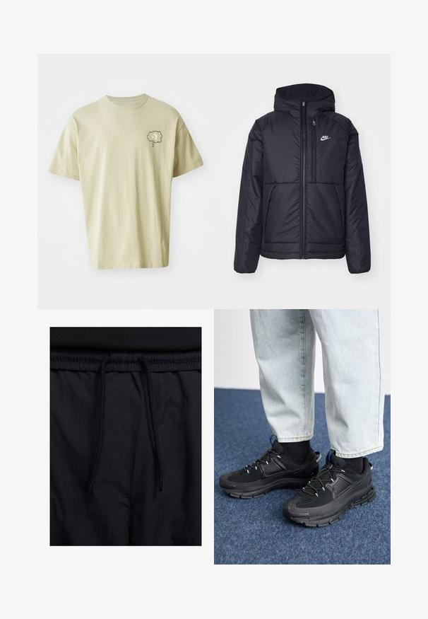 Juodas, paminkštintas Nike džemperis su priekyje užtrauktuku ir gobtuvu. Pasižymi balta logo kairėje krūtinės pusėje ir dviem priekinėmis kišenėmis. Su lygiu išoriniu paviršiumi.; Šviesiai bežinė medvilninė marškinė su trumpomis rankovėmis, su mažo pilko debesies grafika kairėje krūtinės pusėje. Paprastas, kvadratinės formos dizainas.; Juodos šortai su raišteliu juosmens srityje, lengva medžiaga su lygiu paviršiumi ir paprastas dizainas be matomų logotipų ar raštų.; Juodi sportiniai bateliai su tekstūruota medžiaga ir guminiais padais, su elastingomis raišteliais ir mėlynu akcentu ant kulno. Dėvimi su šviesiai mėlynomis džinsinėmis kelnėmis.