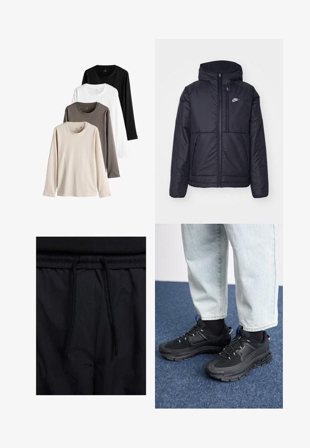 Fekete, párnázott Nike dzseki elülső cipzárral és kapucnival. A bal mellen fehér logó található, valamint két elülső zseb. Simának tűnő külső felület.; Négy hosszúujjú ing bézs, szürke, fehér és fekete színekben. Mindegyik kerek nyakkivágással és puha, sima anyagból készült.; Fekete rövidnadrág, húzózsinórral ellátott derékrésszel, könnyű anyagból, sima felszínen, egyszerű dizájnnal, látható logók vagy minták nélkül.; Fekete sportcipők texturált anyaggal és gumitalppal, elasztikus fűzőkkel és kék kiegészítővel a saroknál. Világos farmernadrággal viselve.