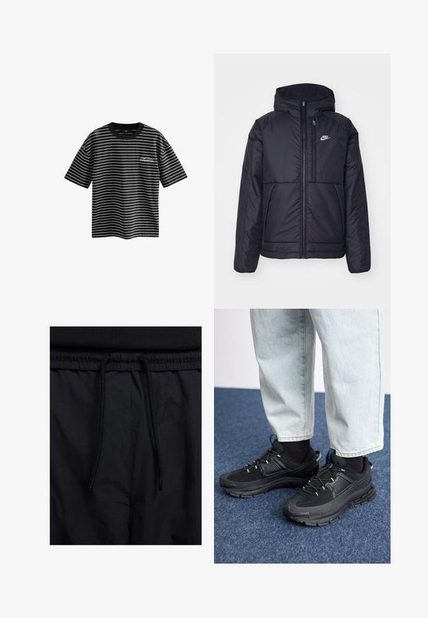 Schwarze, gepolsterte Nike-Jacke mit Frontreißverschluss und Kapuze. Hat ein weißes Logo auf der linken Brust und zwei Fronttaschen. Glattes äußeres Material.; Gestreiftes T-Shirt in Schwarzweiß mit kurzen Ärmeln und Rundhalsausschnitt. Mit dem Textdesign "Kopenhagen" auf der Vorderseite. Hergestellt aus glattem Stoff.; Schwarze Shorts mit einem Kordelzugbund, leichtem Stoff mit glatter Textur und einem schlichten Design ohne sichtbare Logos oder Muster.; Schwarze Sportschuhe aus strukturiertem Stoff mit Gummisohlen, ausgestattet mit elastischen Schnürsenkeln und einem blauen Akzent an der Ferse. Getragen mit hellen Jeans.