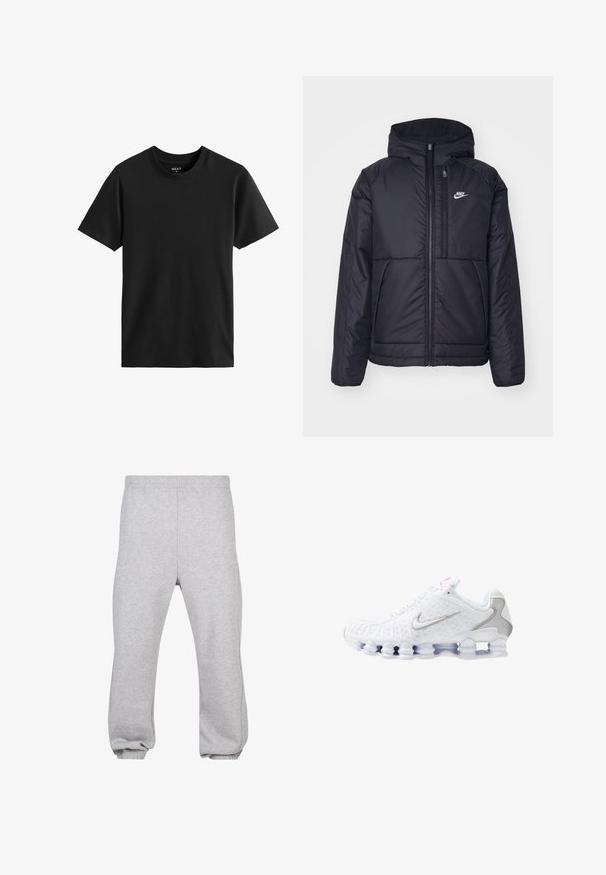 Zwarte, gewatteerde Nike-jas met een voorkant met ritssluiting en capuchon. Kenmerkt zich door een wit logo op de linkerborst en dubbele frontzakken. Gladde buitenkant.; Zwarte korte mouwen crewneck t-shirt van katoen. Gladde textuur met een rechte snit, met een eenvoudig ontwerp en zonder zichtbare patronen of accenten.; Grijze joggingsbroek van een katoenmix, met een elastische tailleband, taps toelopende pijpen en verdfste naden. Eenvoudig ontwerp zonder patronen.; Witte sportschoenen met een gestructureerd bovenwerk, een zilveren swoosh-logo, meshpanelen en een opvallende gesegmenteerde witte zool.