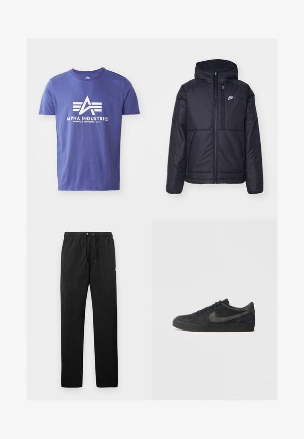 Melna, pufota Nike jaka ar priekšējo rāvējslēdzēju un kapuci. Iezīmēta ar baltu logotipu uz kreisās krūtis un divām priekšējām kabatām. Gluda ārējā tekstūra.; Violeta kokvilnas t-krekls ar īsām piedurknēm, uz kura ir balts logo ar tekstu "ALPHA INDUSTRIES" un ģeometrisku dizainu.; Melnas sporta bikses, izgatavotas no flīsa, ar elastīgu jostasviedi un auklām, diviem priekšējiem kabatām un nelielu logo uz augšstilba.; Melnas zamša sporta kurpes ar zemu profilu, gumijas zoli, teksturētām sānu paneļiem un toņos saderīgu Nike swoosh logo. Ar auklēm, ar mīkstu apkakli.