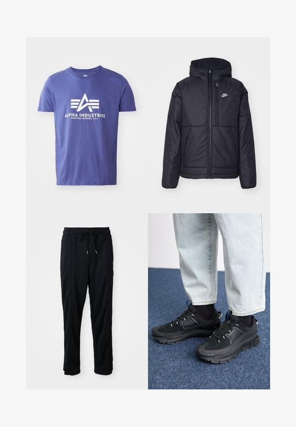 Melna, pufota Nike jaka ar priekšējo rāvējslēdzēju un kapuci. Iezīmēta ar baltu logotipu uz kreisās krūtis un divām priekšējām kabatām. Gluda ārējā tekstūra.; Violeta kokvilnas t-krekls ar īsām piedurknēm, uz kura ir balts logo ar tekstu "ALPHA INDUSTRIES" un ģeometrisku dizainu.; Melnas bikses ar aukliņu jostas vietā, ar sānu kabatām un taisnu kāju griezumu uz vienkrāsaina fona.; Melni sporta apavi ar strukturētu audumu un gumijas zoli, ar elastīgām auklām un zilu akcentu uz papēža. Nēsāti ar gaišām džinsu biksēm.