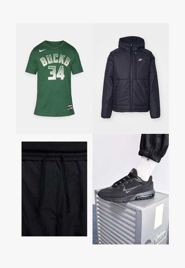 Czarna, pikowana kurtka Nike z przednim zamkiem błyskawicznym i kapturem. Posiada białe logo po lewej stronie klatki piersiowej oraz podwójne kieszenie z przodu. Gładka struktura zewnętrzna.; Zielona bawełniana koszulka z napisem "BUCKS" i "34" w białych błyszczących literach. Posiada okrągły dekolt i krótkie rękawy, z logo na dolnym brzegu.; Czarne szorty z elastycznym paskiem na sznurku, lekkiego materiału o gładkiej fakturze oraz prostym wzornictwie bez widocznych logo czy wzorów.; Nike Sportswear PULSE czarny