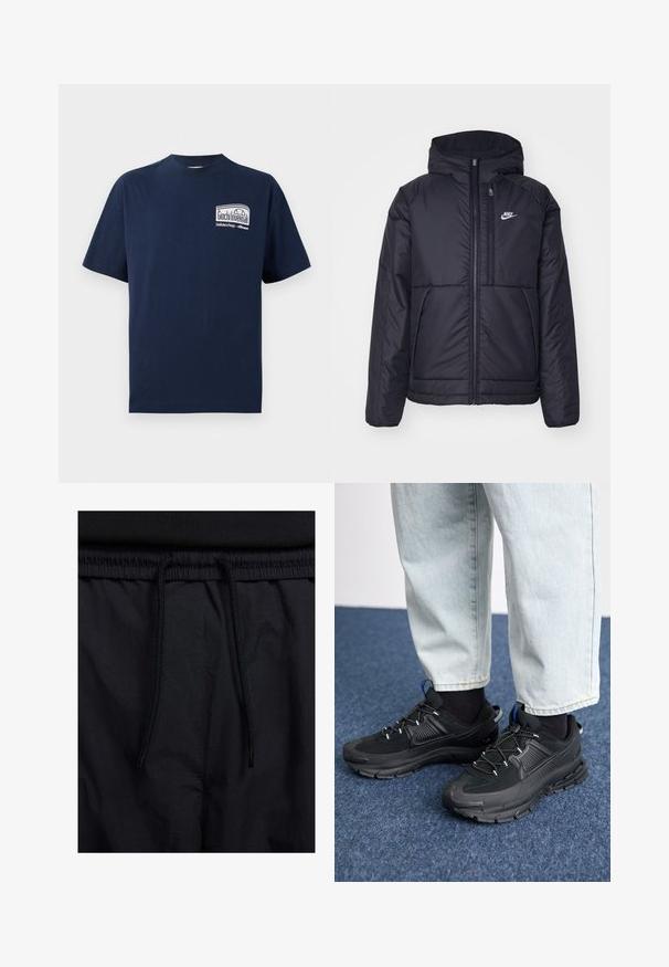 Casaco Nike preto, acolchoado, com fecho à frente e capuz. Apresenta um logo branco no lado esquerdo do peito e dois bolsos frontais. Textura exterior lisa.; T-shirt de algodão azul-marinho com decote redondo. A parte frontal apresenta um gráfico branco com o texto "Giochi Invernali" num design retangular. Manga curta.; Calções pretos com um cós elástico ajustável, fabricados em tecido leve com uma textura suave e um design simples, sem logótipos ou padrões visíveis.; Sapatilhas desportivas pretas com tecido texturizado e solas em borracha, apresentando atacadores elásticos e um detalhe azul no calcanhar. Usadas com calças de ganga claras.