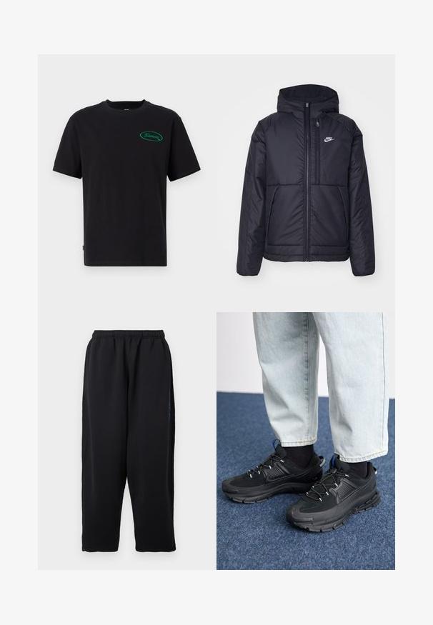 Schwarze, gepolsterte Nike-Jacke mit Frontreißverschluss und Kapuze. Hat ein weißes Logo auf der linken Brust und zwei Fronttaschen. Glattes äußeres Material.; Schwarzes Baumwoll-T-Shirt mit kurzen Ärmeln, klassischem Rundhalsausschnitt und einem grünen ovalen Logo auf der linken Brustseite. Einfaches Design.; Schwarze Jogginghose aus weichem Stoff, mit elastischem Bund, weiten Beinen und Seitentaschen mit dezenten blauen Akzenten.; Schwarze Sportschuhe aus strukturiertem Stoff mit Gummisohlen, ausgestattet mit elastischen Schnürsenkeln und einem blauen Akzent an der Ferse. Getragen mit hellen Jeans.