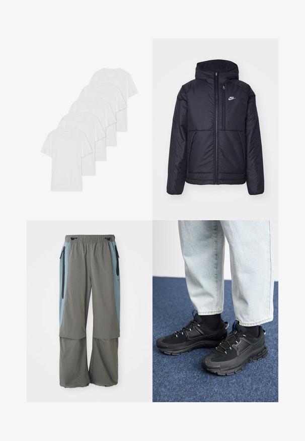 Must musta Nike jope, millel on ees lukuga avamine ja kapuuts. Vasakpoolne rind on kaunistatud valge logoga ning ees on kaks taskut. Sile välimine tekstuur.; Kuu valget puuvillast T-särki lühikeste varrukatega ja ümarate kaelustega, ritta paigutatuna, sileda tekstuuri ja nähtavate mustriteta.; Hallid hallid välispüksid laia jala lõikega, tume sinine külgpaneel ja lukuga taskud. Valmistatud kergest ja hingavast materjalist.; Mustad mustad jooksukingad, millel on tekstureeritud kangas ja kummist tallad, elastsed nöörid ning sinine aksent kandadel. Kandmine heledate teksadega.