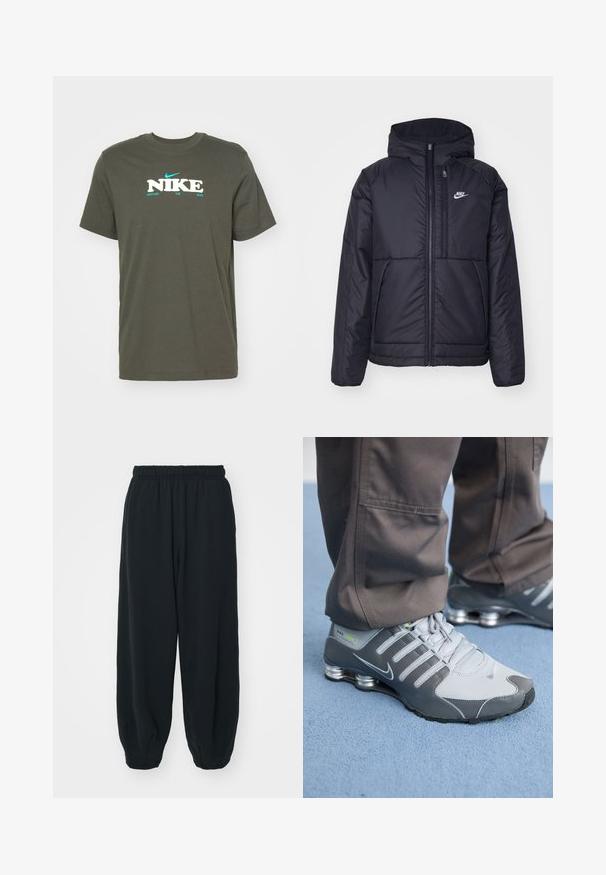 Μαύρο, επενδυμένο μπουφάν Nike με μπροστινό φερμουάρ και κουκούλα. Διαθέτει λευκό λογότυπο στο αριστερό στήθος και διπλές μπροστινές τσέπες. Λείο εξωτερικό υλικό.; Ελαιόχρωμο βαμβακερό t-shirt με κοντά μανίκια, στρογγυλή λαιμόκοψη και έντονο λογότυπο "NIKE" σε λευκό και θαλασσί, περιλαμβάνοντας τη φράση "NURTURE THE SOLE" από κάτω.; Μαύρες, φόρμες με ελαστική μέση και χαλαρή εφαρμογή, με ρεβέρ στους αστραγάλους, λεία υφή και χωρίς ορατά μοτίβα ή αξεσουάρ.; Γκρίζα και ασημένια αθλητικά παπούτσια Nike Shox με κομψό σχεδιασμό, από πλέγμα και συνθετικά υλικά, στρογγυλή μύτη και επενδεδυμένο κολάρο.