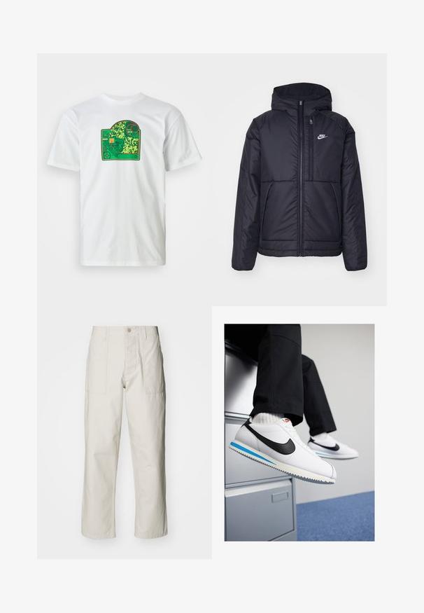 Zwarte, gewatteerde Nike-jas met een voorkant met ritssluiting en capuchon. Kenmerkt zich door een wit logo op de linkerborst en dubbele frontzakken. Gladde buitenkant.; Witte katoenen T-shirt met een graphic van een groene printplaat, met ingewikkelde patronen, rode accenten en een gelaagd designelement.; Lichtbeige wijde broek van katoen. Voorzien van steekzakken en een knoopsluiting. Glad textuur met subtiele verticale lijnen.; Witte leren sneakers met een zwarte Nike swoosh, lichtblauwe en grijze rubberen zool, en een klassiek vetersluiting ontwerp. Voeten rustend op een archiefkast.