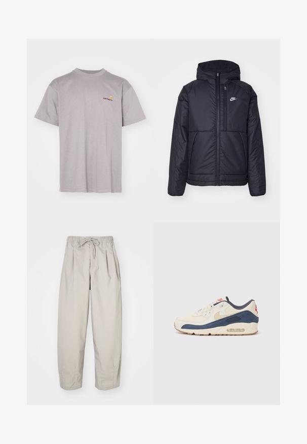 Svart, polstret Nike-jakke med frontglidelås og hette. Har en hvit logo på venstre bryst og doble frontlommer. Glatt ytterside.; Grå bomull t-skjorte med rund hals. Har korte ermer og en liten brodert logo i rødt og gult på venstre bryst.; Beige, lette bukser med elastisk midje og snor. Har folder og løs passform, laget av myk og glatt stoff.; Sko med overdel i kremfarget lær og marineblå semsket skinn, med synlig luftsåle, beige gummisåle og rød detalj på hælen.