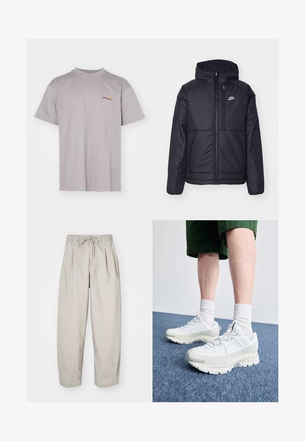 Juodas, paminkštintas Nike džemperis su priekyje užtrauktuku ir gobtuvu. Pasižymi balta logo kairėje krūtinės pusėje ir dviem priekinėmis kišenėmis. Su lygiu išoriniu paviršiumi.; Pilkas medvilnės marškinėliai su apvaliu kaklu. Savybės: trumpi rankovės ir mažas raudonas ir geltonas siuvinėti logotipas kairėje krūtinės pusėje.; Šviesiai rudi, lengvi kelnių su elastine juosta ir raišteliu. Turintys klostes ir laisvą siluetą, pagaminti iš minkštos, glotnios medžiagos.; Baltos sportinės bateliai su tekstūruotais uždengimais, masyviu padu ir pilkais akcentais. Dėvimi su baltais trumpais kojiniais ir žaliais šortais mėlyname paviršiuje.