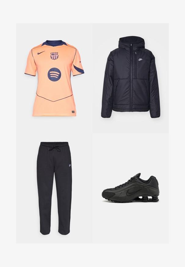 Giacca Nike nera, imbottita, con zip frontale e cappuccio. Presenta un logo bianco sul lato sinistro del petto e doppie tasche frontali. Texture esterna liscia.; Maglietta arancione a maniche corte con accenti blu navy, logo del Barcellona e un grande logo circolare di Spotify in nero sulla parte anteriore. Tessuto testurizzato.; Pantaloni della tuta neri realizzati in tessuto morbido con vita elastica, coulisse e un piccolo logo Nike sulla coscia sinistra.; Scarpe da corsa nere con una parte superiore in sintetico liscio, dettagli perforati, pannelli laterali testurizzati e una suola distintiva e elastica.